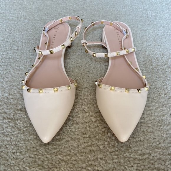 Nude studded flat strappy slingback / sandals with pointed toe - Picture 1 of 8